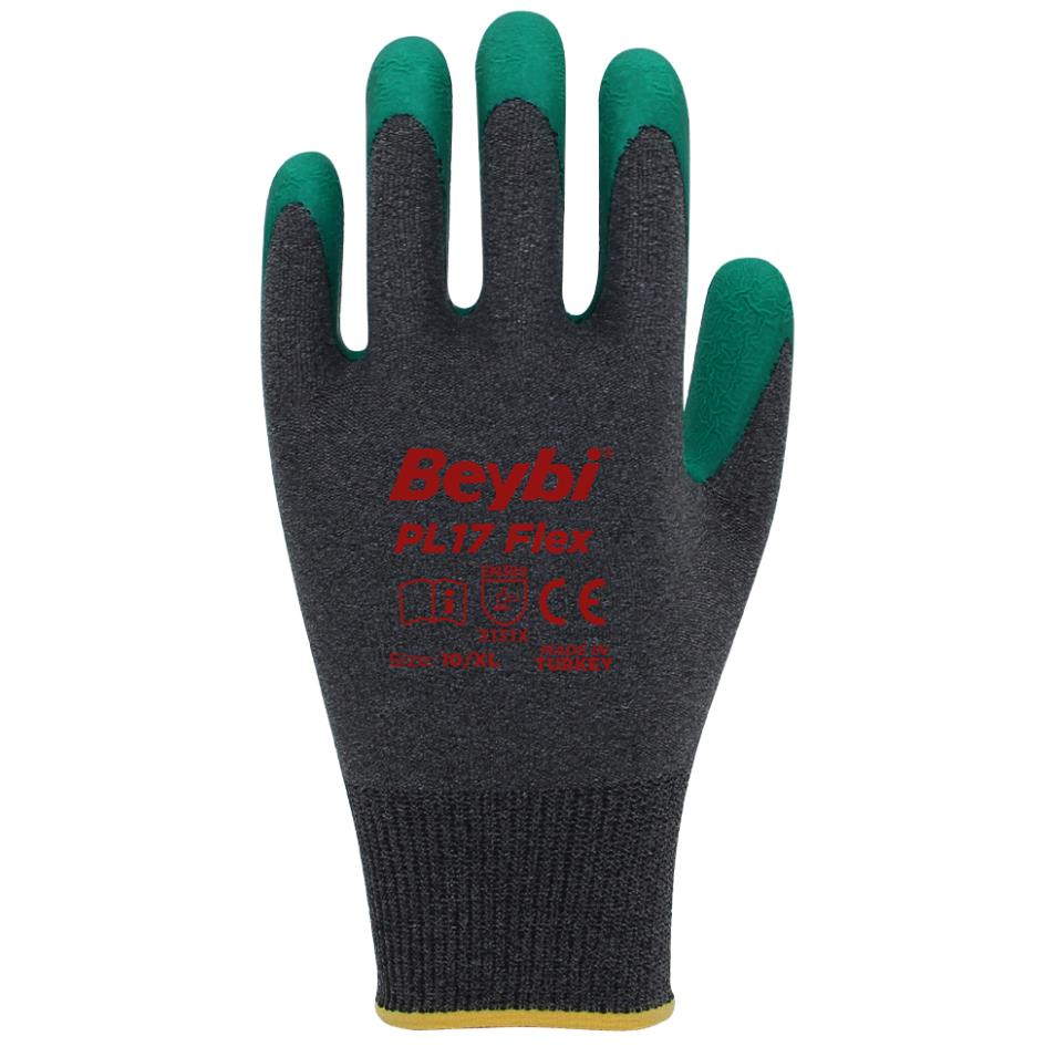 Beybi PL17 Flex Lateks Kaplı Polyester Likralı Yeşil Eldiven No:10