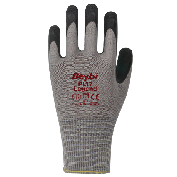 Beybi PL17 Legend Polyester Örme Lateks Eldiven Gri No:10