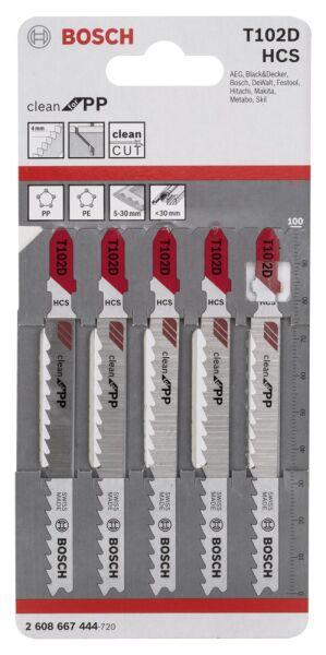 Bosch - Temiz Kesim Serisi Polipropilen İçin T 102 D Dekupaj Testeresi Bıçağı - 5'Li Paket