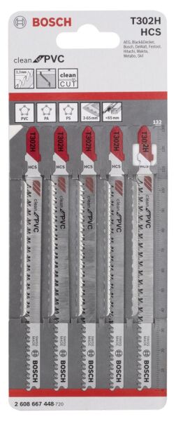 Bosch - Temiz Kesim Serisi PVC İçin T 302 H Dekupaj Testeresi Bıçağı - 5'Li Paket