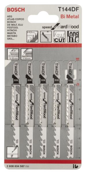 Bosch - Hızlı Kesim Serisi Sert Ahşap İçin T 144 DF Dekupaj Testeresi Bıçağı - 5'Li Paket