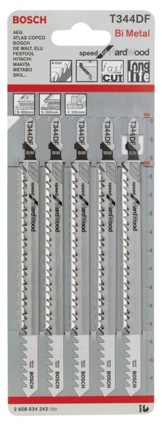 Bosch - Hızlı Kesim Serisi Sert Ahşap İçin T 344 DF Dekupaj Testeresi Bıçağı - 5'Li Paket