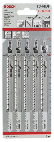 Bosch - Hızlı Kesim Serisi Sert Ahşap İçin T 344 DF Dekupaj Testeresi Bıçağı - 5'Li Paket