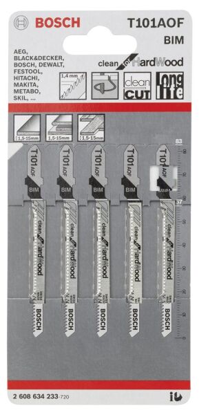Bosch - Temiz Kesim Serisi Sert Ahşap İçin T 101 AOF Dekupaj Testeresi Bıçağı - 5'Li Paket