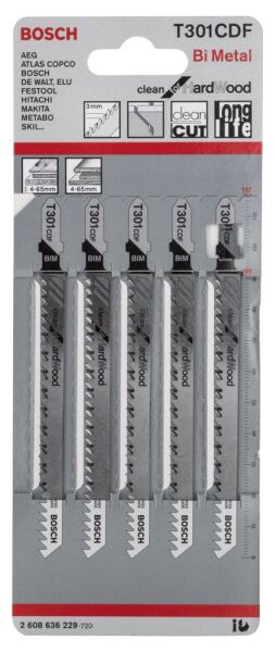 Bosch - Temiz Kesim Serisi Sert Ahşap İçin T 301 CDF Dekupaj Testeresi Bıçağı - 5'Li Paket