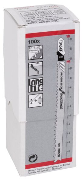 Bosch - Ahşap Ve Metal İçin T 345 XF Dekupaj Testeresi Bıçağı - 100'Lü Paket