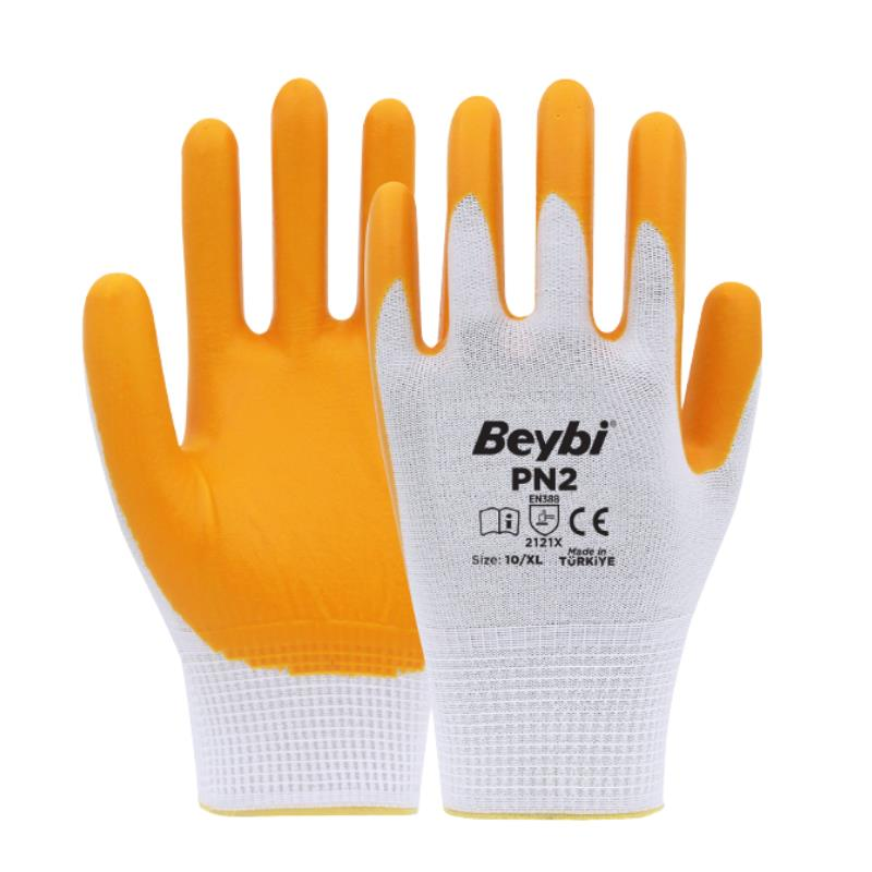 Beybi PN2 Polyester Örme Nitril Eldiven - Beyaz/Sarı No: 10
