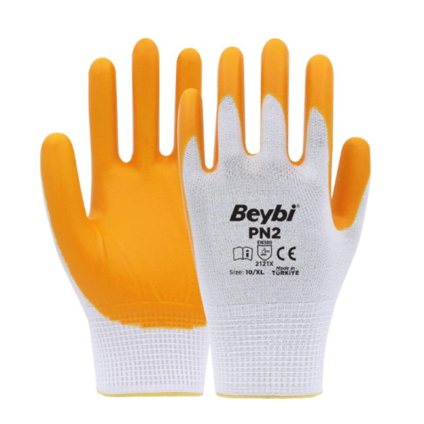 Beybi PN2 Polyester Örme Nitril Eldiven - Beyaz/Sarı No: 10
