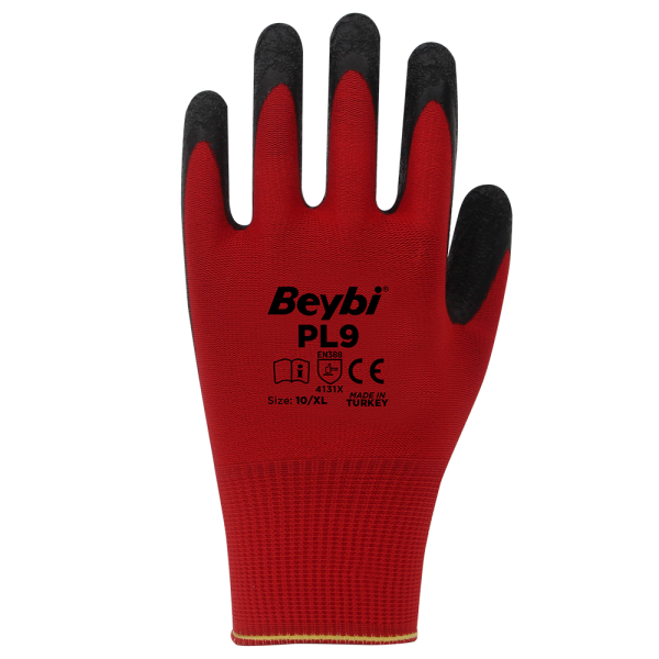 Beybi PL9 Polyester Örme Lateks Eldiven Kırmızı No:10