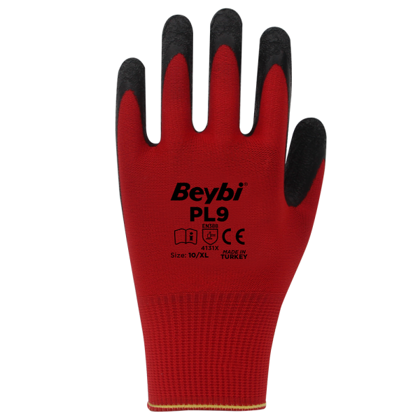 Beybi PL9 Polyester Örme Lateks Eldiven Kırmızı No:10