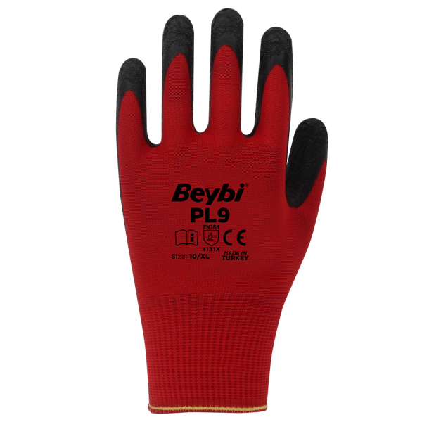 Beybi PL9 Polyester Örme Lateks Eldiven Kırmızı No:10