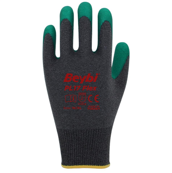 Beybi PL17 Flex Lateks Kaplı Polyester Likralı Yeşil Eldiven No:10