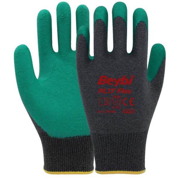 Beybi PL17 Flex Lateks Kaplı Polyester Likralı Yeşil Eldiven No:10