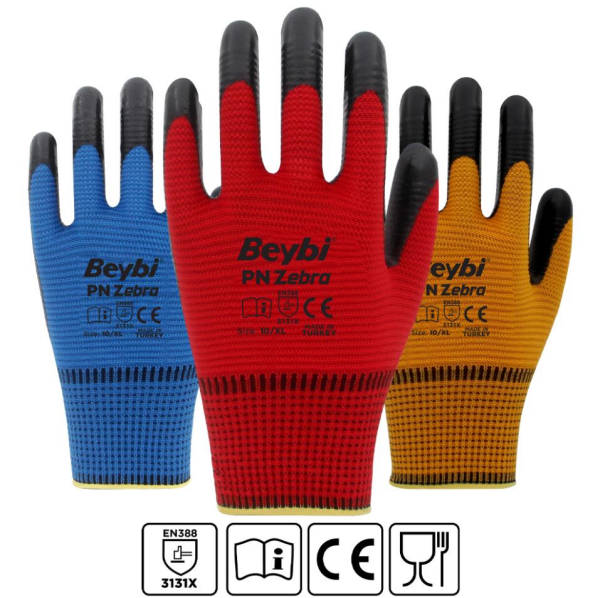 Beybi PN Zebra Polyester Örme Nitril Eldiven No:10 - Mavi\Siyah