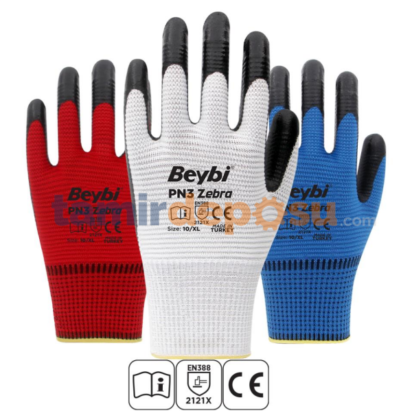 Beybi PN3 Zebra Polyester Örme Nitril Eldiven - No: 10 - Kırmızı\Siyah
