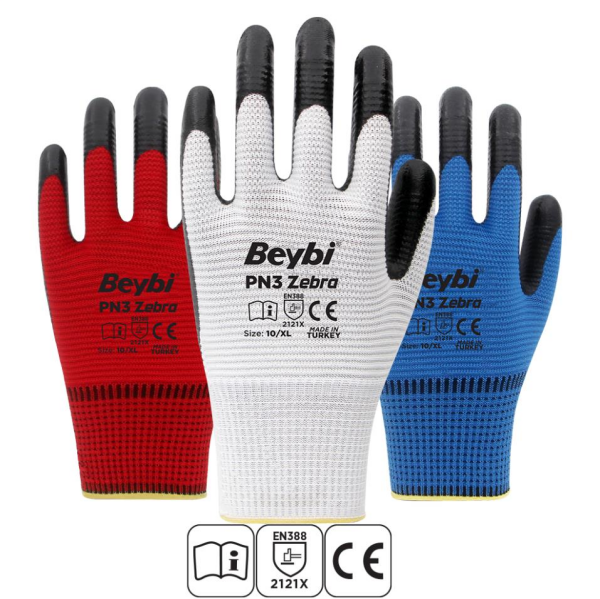 Beybi PN3 Zebra Polyester Örme Nitril Eldiven - No: 09 - Mavi\Siyah