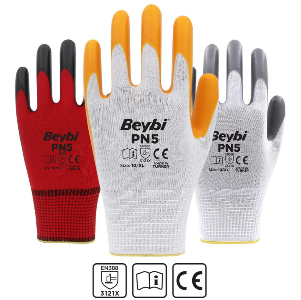 Beybi PN5 Polyester Örme Nitril Eldiven - No: 09 - Kırmızı\Siyah
