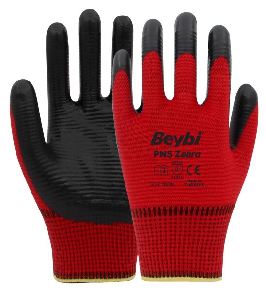 Beybi PN5 Zebra Polyester Örme Nitril Eldiven - No: 09 - Kırmızı\Siyah
