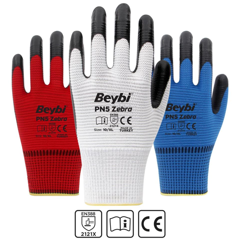 Beybi PN5 Zebra Polyester Örme Nitril Eldiven - No: 09 - Mavi\Siyah