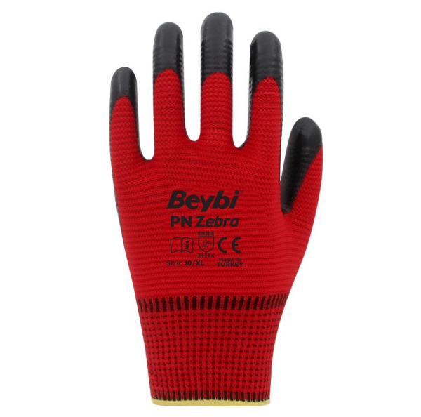 Beybi PN Zebra Polyester Örme Nitril Eldiven No:10 - Kırmızı\Siyah