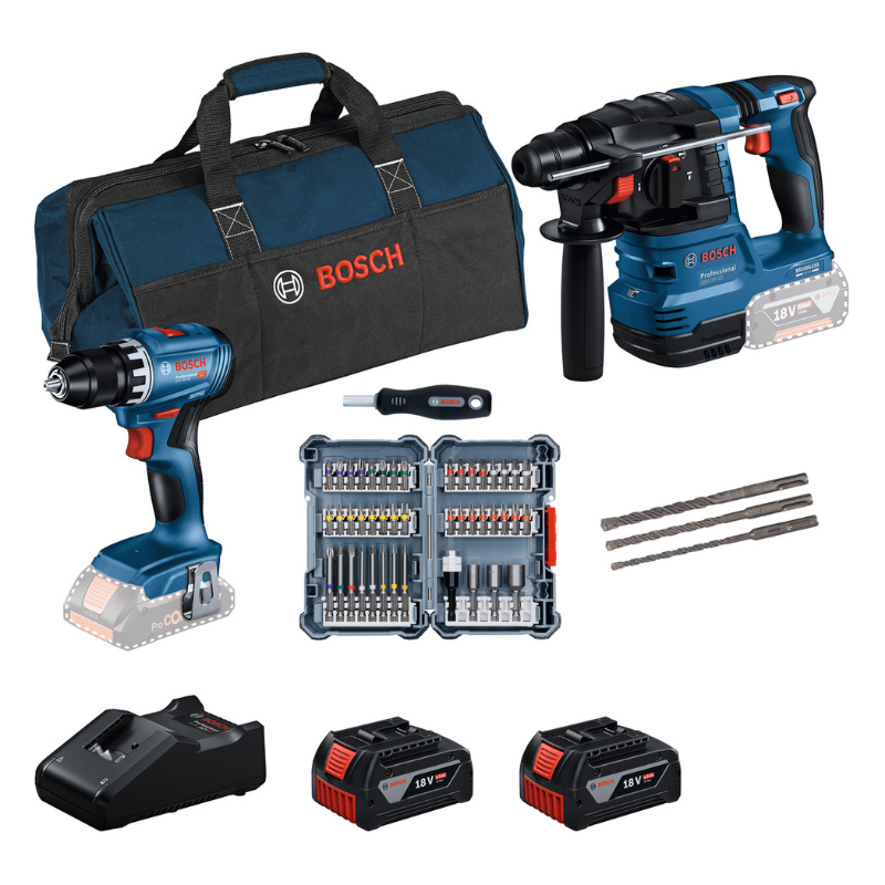 Bosch Professional 18V İkili Makine Seti: GSR 18V-45 + GBH 18V-22 + 45 Parça Vidalama Ucu Seti + 3 Parça SDS Plus-5 Kırıcı Delici Ucu Seti (2 x 4.0 Ah, GAL 18V-40, Kanvas Çanta) - 0615V0003D