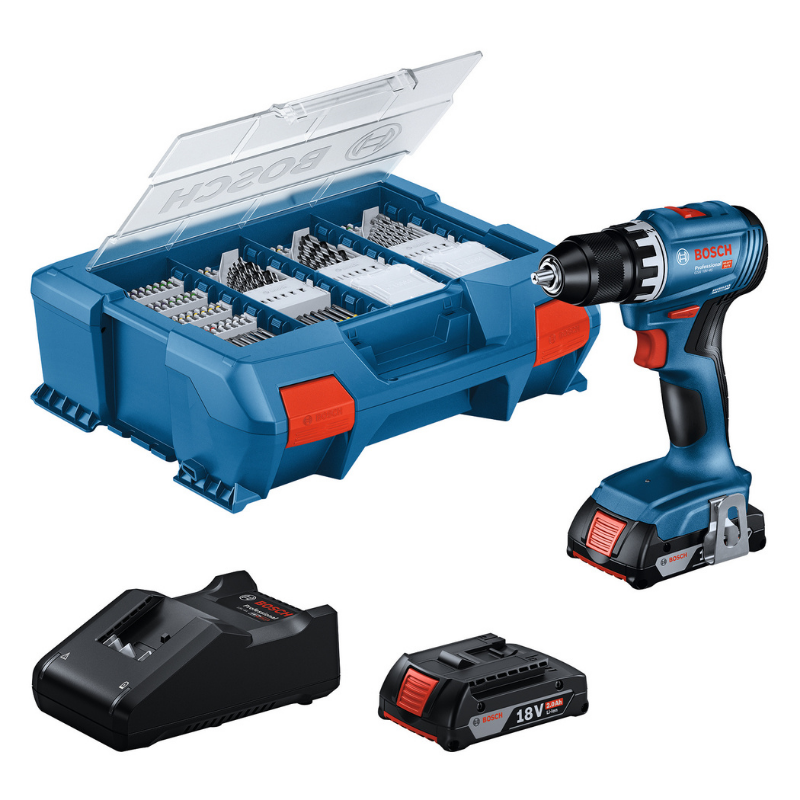 Bosch Professional Seti: GSR 18V-45 Akülü Matkap / Vidalama Makinesi ve 63 Parça Aksesuar Seti (2 x 2.0 Ah, GAL 18V-40, Plastik Çanta) - 0615A5007X