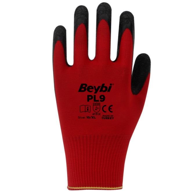 Beybi PL9 Polyester Örme Lateks Eldiven Kırmızı No: 09