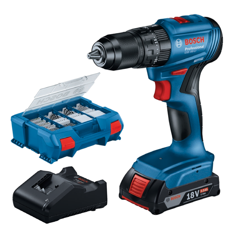 Bosch Professional Seti: GSB 185-Li Akülü Darbeli Delme / Vidalama Makinesi ve 82 Parça Karışık Aksesuar Seti (1 x 2.0 Ah, GAL 18V-20, Çanta) - 06019K3122