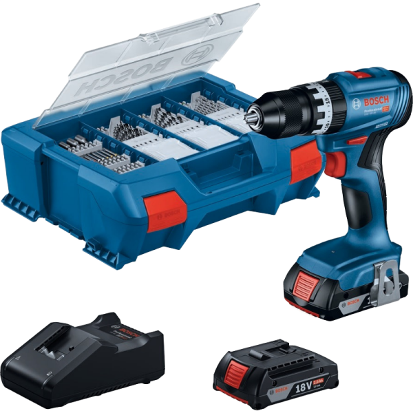 Bosch Professional Seti: GSB 18V-45 Akülü Matkap / Vidalama Makinesi ve 63 Parça Vidalama / Delme Ucu Seti (2 x GBA 18V 2.0 Ah, GAL 18V-40) - 0615A5007G