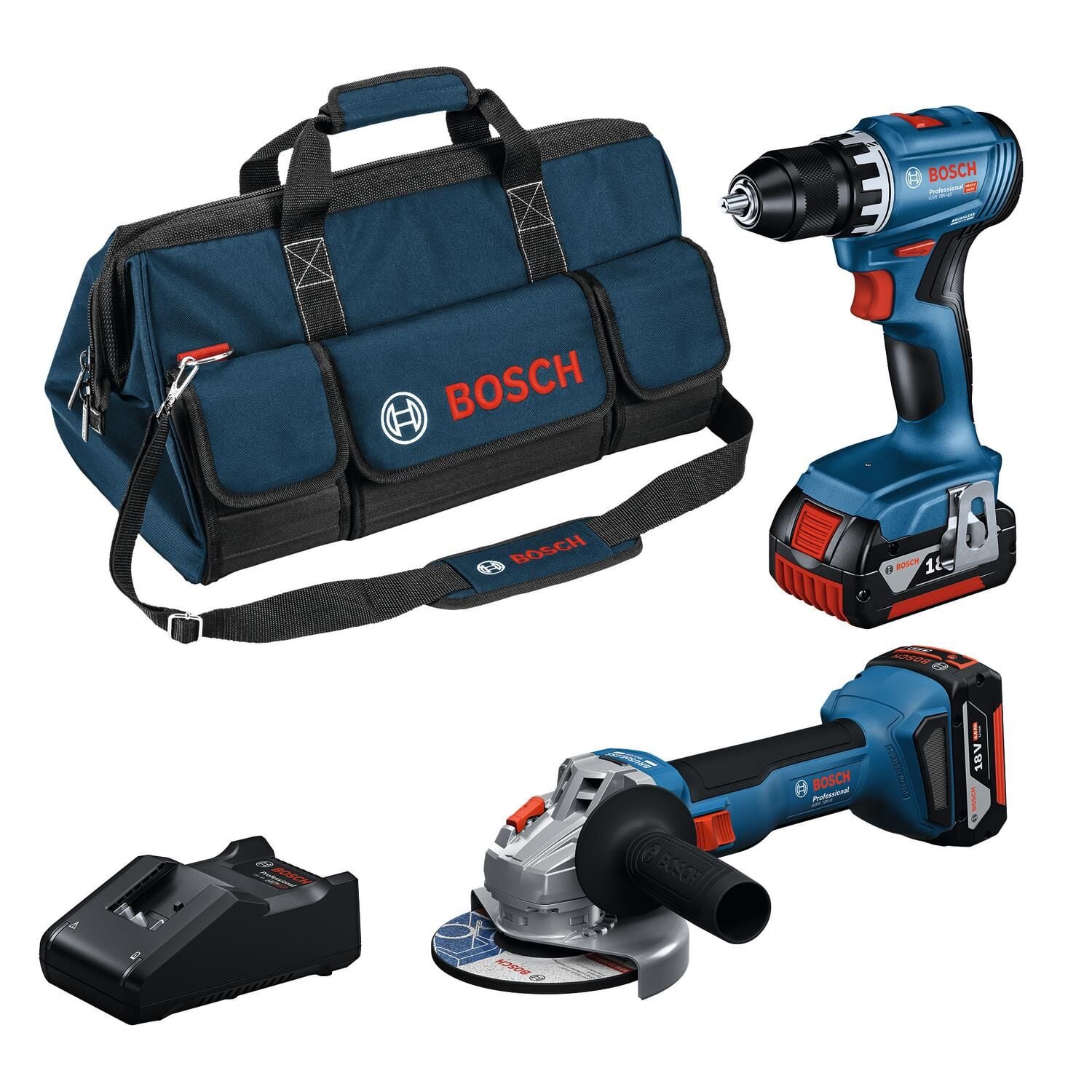 Bosch Professional Seti: GSR 18V-45 + GWS 18V-8 (2 x GBA 18V 4.0 Ah, GAL 18V-40, Kanvas Çanta) - 0615A5007N