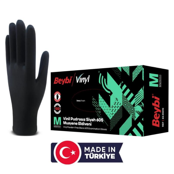 Beybi Vinil Pudrasız Siyah Muayene Eldiveni MDR (100'lük Kutu) - Medium