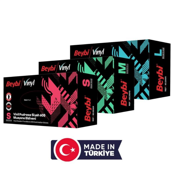 Beybi Vinil Pudrasız Siyah Muayene Eldiveni MDR (100'lük Kutu) - Medium