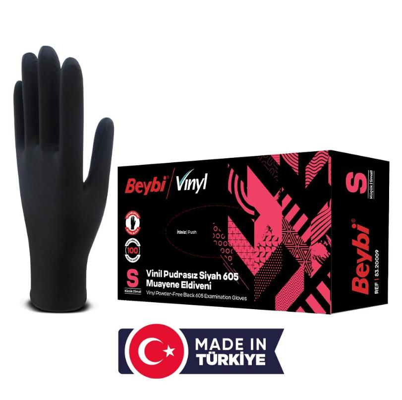 Beybi Vinil Pudrasız Siyah Muayene Eldiveni MDR (100'lük Kutu) - Small