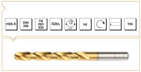 Makina Takım HSS-E DIN 338 Silindirik Saplı Kısa Matkap Ucu - TIN KAPLAMALI 5 mm - B00006000500