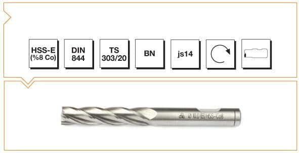 Makina Takım HSS - E (%8Co) DIN 844 BN Silindirik Saplı Parmak Freze - UZUN 12 mm