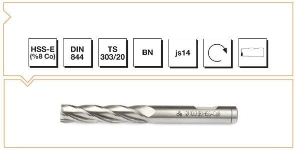 Makina Takım HSS - E (%8Co) DIN 844 BN Silindirik Saplı Parmak Freze - UZUN 12 mm