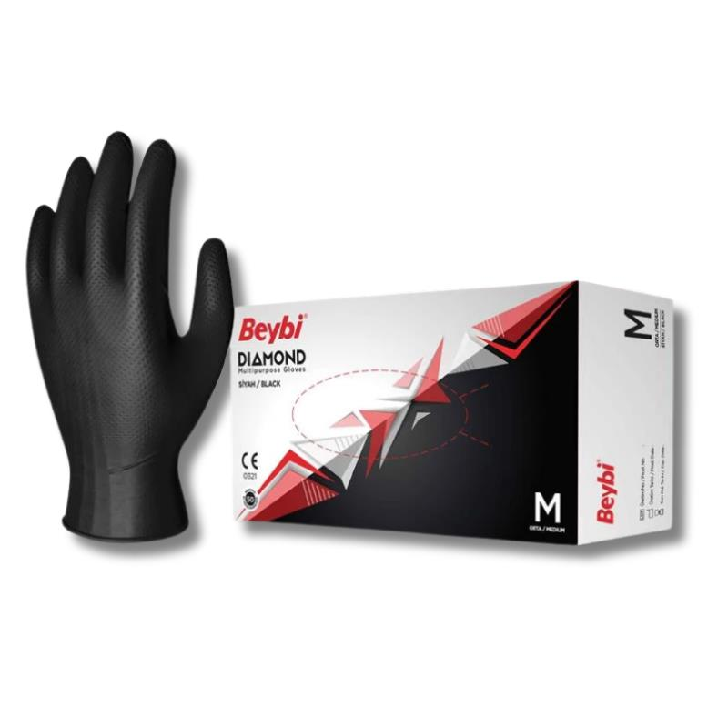 Beybi Diamond Siyah Nitril Muayene Eldiveni (100'lük Kutu) - Medium