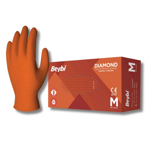 Beybi Diamond Turuncu Nitril Muayene Eldiveni (100'lük Kutu) - X-Large