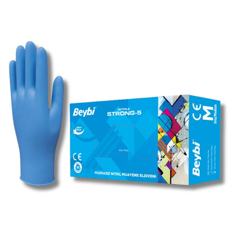 Beybi Strong-5 Pudrasız Mavi Nitril Muayene Eldiveni (100'lük Kutu) - Medium