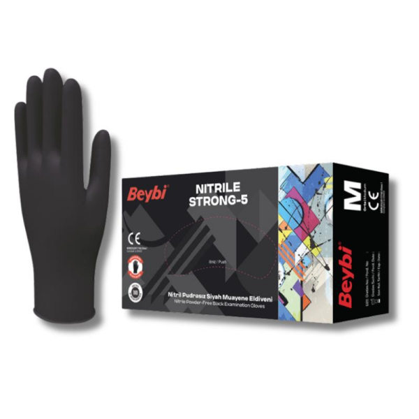 Beybi Strong-5 Pudrasız Siyah Nitril Muayene Eldiveni (100'lük Kutu) - Medium