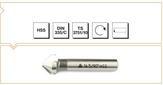 Makina Takım HSS DIN 335/C 3 Ağızlı Silindirik Saplı Havşa Freze - 90° 16.5 mm