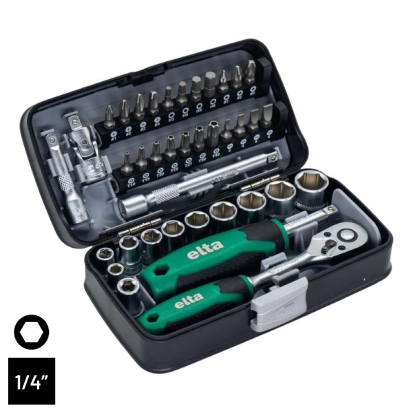 Elta 1/4'' Altı Köşe Cırcırlı Lokma Anahtar ve Bits Uç Seti (38 Parça) - 14000005078