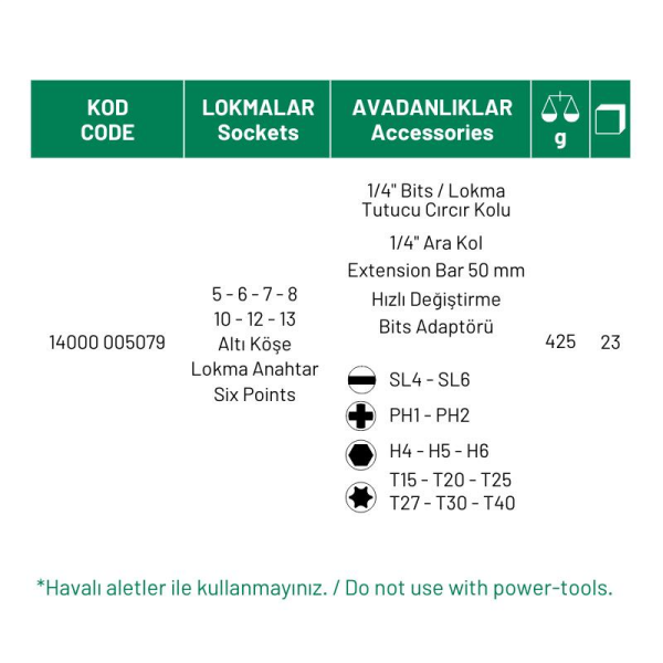 Elta 1/4'' Altı Köşe Cırcırlı Lokma Anahtar ve Bits Uç Seti (23 Parça) - 14000005079
