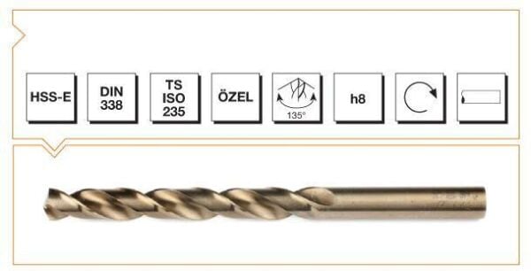 Makina Takım HSS-E DIN 338 Silindirik Saplı Kısa Matkap Ucu (Altın Seri) 10 mm