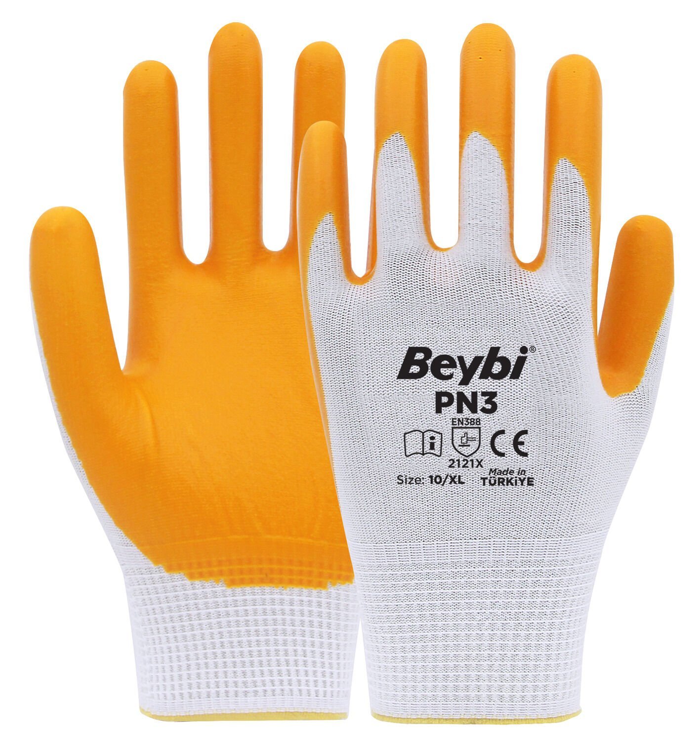 Beybi PN3 Polyester Örme Nitril Eldiven Beyaz-Sarı No:10
