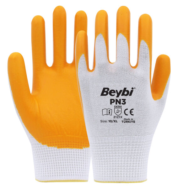 Beybi PN3 Polyester Örme Nitril Eldiven Beyaz-Sarı No:10