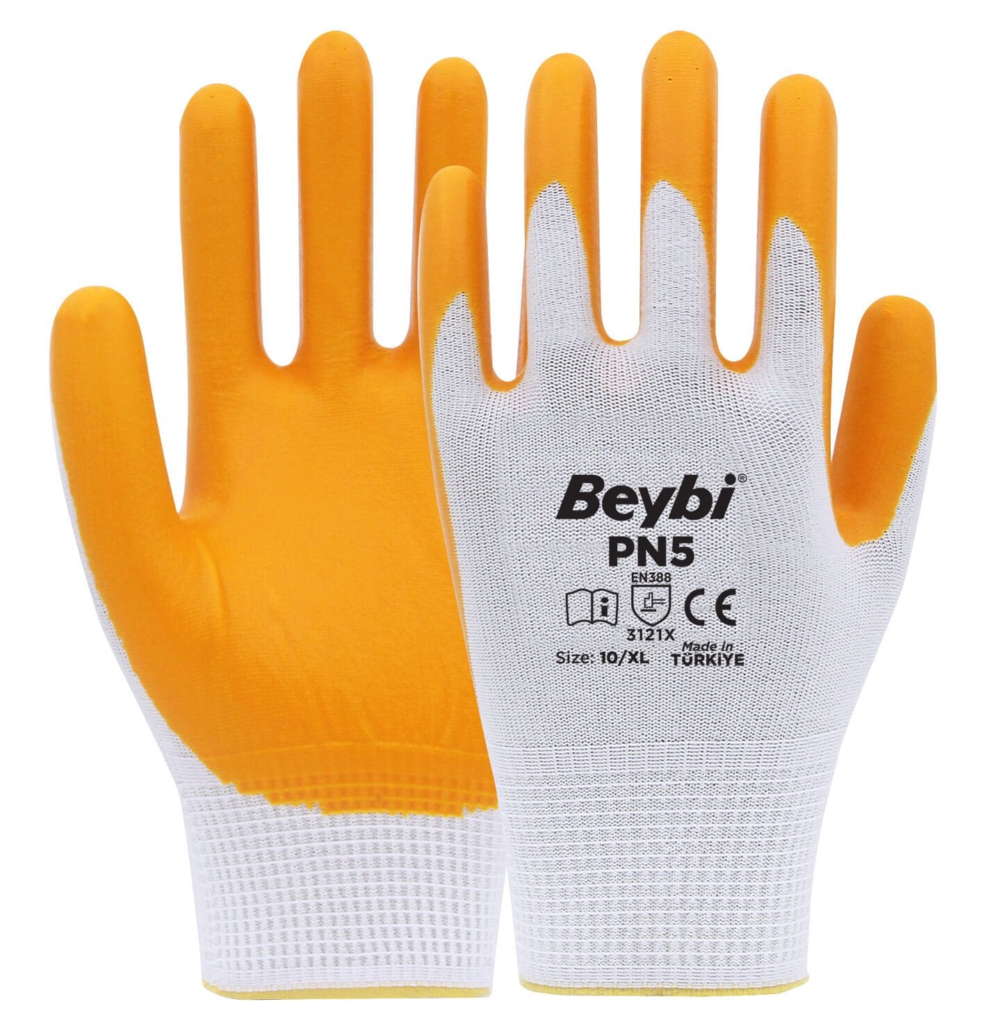 Beybi PN5 Polyester Örme Nitril Eldiven Beyaz-Sarı No:10
