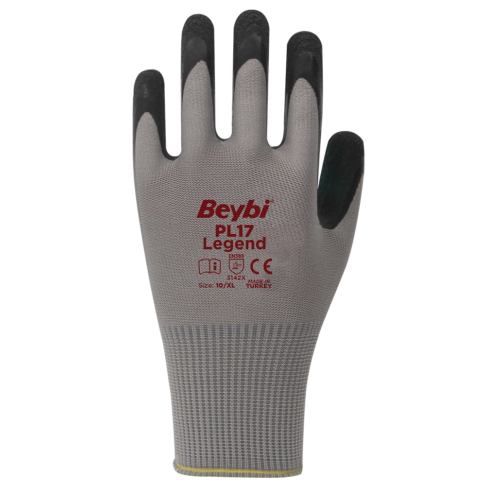 Beybi PL17 Legend Polyester Örme Lateks Eldiven Gri No:10