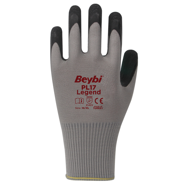 Beybi PL17 Legend Polyester Örme Lateks Eldiven Gri No:10