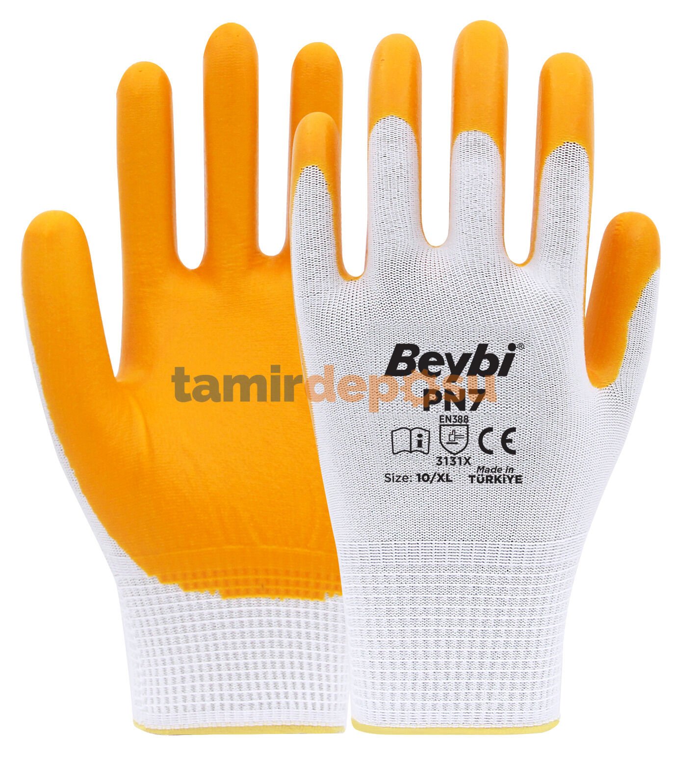 Beybi PN7 Polyester Örme Nitril Eldiven Beyaz-Sarı No:10